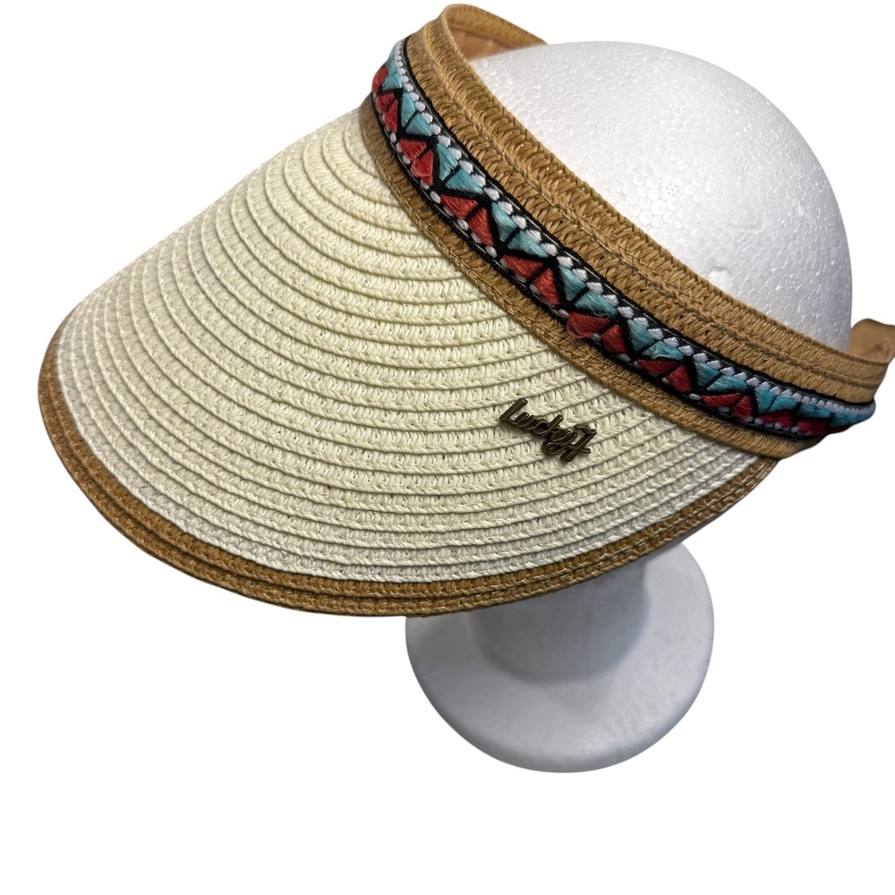 Lucky 7 USA Paper Straw Visor Hat Embroidered Ribbon Trim Cream Tan OS